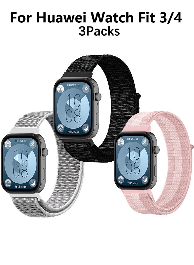 3 Packs Suitable for Huawei Watch Fit 3/4 Velcro Nylon Loop Strap, Nylon Watchband Replacement Bracelet for Huawei Watch Fit 3/4 ( Black, Pink, Sea Shell Color ﻿）  - Image 1