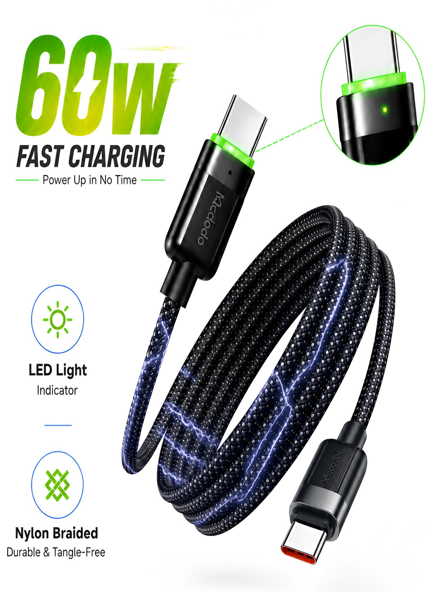 Mcdodo 60W Magnetic Self-Winding USB-C to USB-C Cable 1.2m, for iPhone 15 16, Samsung Galaxy, Android, Fast Charging, Nylon Braided, No Tangles, Black, CA-200