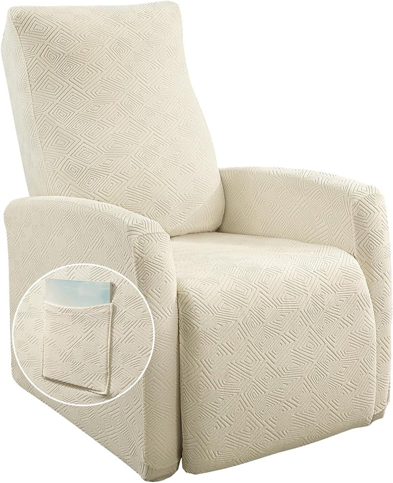 SearchI Recliner Chair Cover Jacquard Chair Covers 4 Piece, Small Recliner Sofa Slipcover for Home Theater Seating with Elastic Bottom, Recliner Protector with Pocket for Recliners, Beige - Image 1