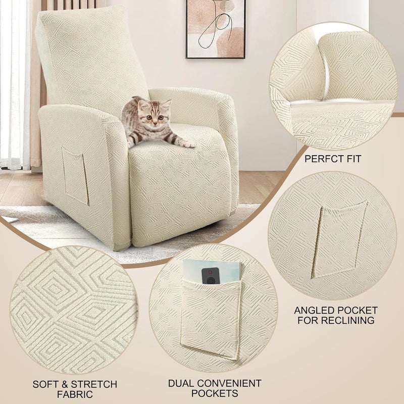 SearchI Recliner Chair Cover Jacquard Chair Covers 4 Piece, Small Recliner Sofa Slipcover for Home Theater Seating with Elastic Bottom, Recliner Protector with Pocket for Recliners, Beige - Image 5