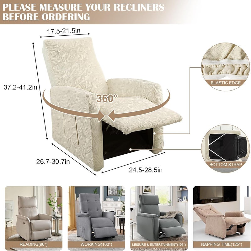 SearchI Recliner Chair Cover Jacquard Chair Covers 4 Piece, Small Recliner Sofa Slipcover for Home Theater Seating with Elastic Bottom, Recliner Protector with Pocket for Recliners, Beige - Image 2