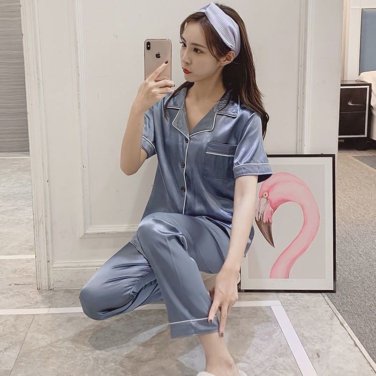 Popular Summer And Autumn Faux Silk Plus-Size Short-Sleeve Long Pants Women'S Pajamas Loungewear Set - Image 1