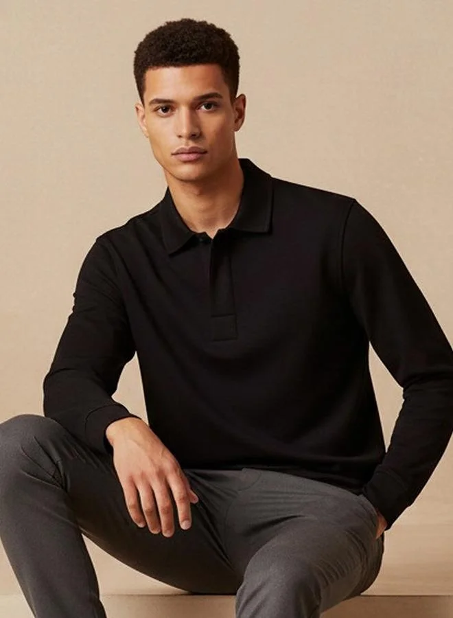 Iconic Iconic Textured Polo Collar Sweater with Long Sleeves
