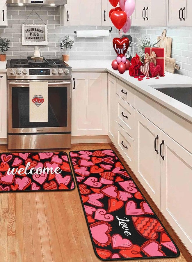 OUXIOAZ Valentines Day Kitchen Rugs Set of 2,Love Heart Welcome Decorative Non-Slip Rugs Holiday Wedding Party Profile Floor Mat for Home Kitchen 17"x47"+17"x30" - Image 1