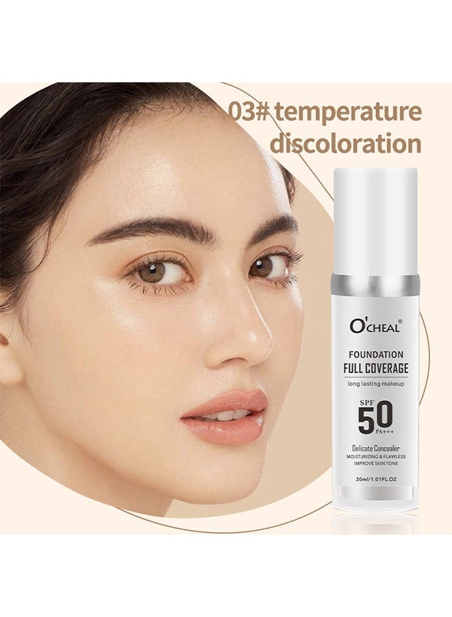 اوكيل كريم أساس تغطية كاملة, كريم أساس دافئ التغيير كونسيلر مرطب طويل الأمد, إشراق وتغيير اللون خافي العيوب 03#درجة الحرارة تغير اللون - Image 2