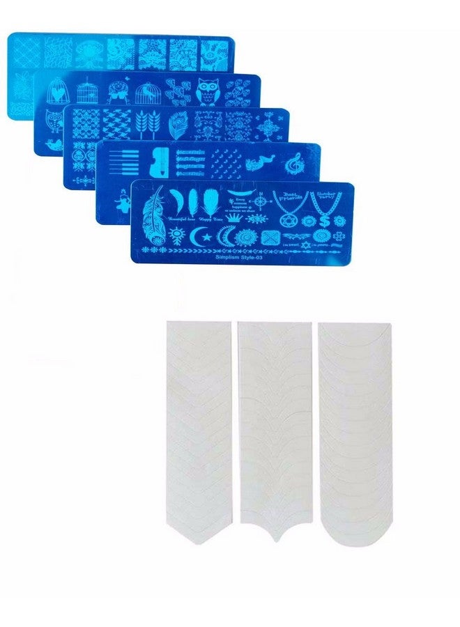 فوكس مجموعة FOK من 5 قطع من لوحات ختم الصور ذات التصميم العشوائي المستطيلة للأظافر وقطعة واحدة من ملصقات نصائح طلاء الأظافر الفرنسية - Image 1