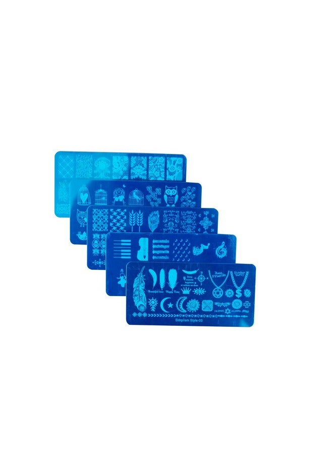 فوكس مجموعة FOK من 5 قطع من لوحات ختم الصور ذات التصميم العشوائي المستطيلة للأظافر وقطعة واحدة من ملصقات نصائح طلاء الأظافر الفرنسية - Image 3