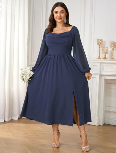 SHESTARR Women's Plus Size Dress Chiffon Long Sleeve Cowl Neck Wedding Guest Cocktail Party Maxi Dress Dusty Blue - Image 4