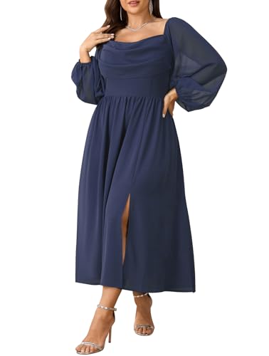SHESTARR Women's Plus Size Dress Chiffon Long Sleeve Cowl Neck Wedding Guest Cocktail Party Maxi Dress Dusty Blue - Image 1