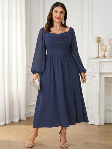 SHESTARR Women's Plus Size Dress Chiffon Long Sleeve Cowl Neck Wedding Guest Cocktail Party Maxi Dress Dusty Blue - Image 5