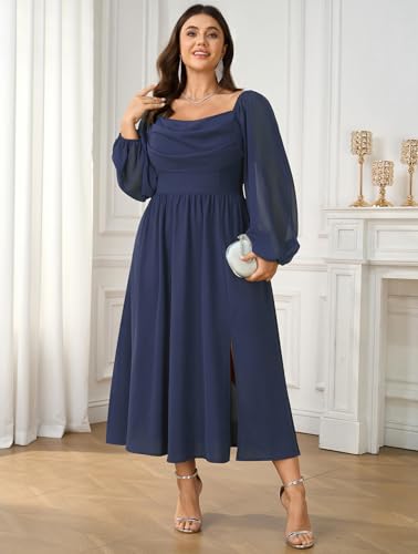 SHESTARR Women's Plus Size Dress Chiffon Long Sleeve Cowl Neck Wedding Guest Cocktail Party Maxi Dress Dusty Blue - Image 2