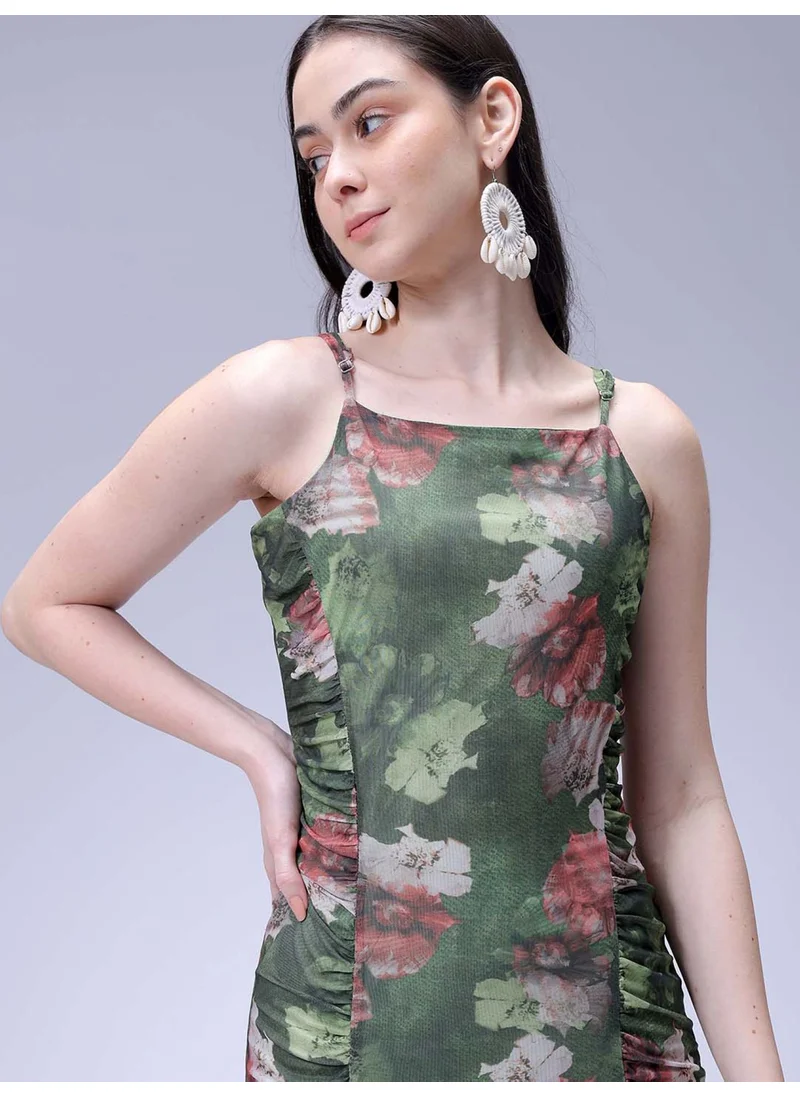 Freehand Women Flared Green Printed Square Neck Sleeveless Dress