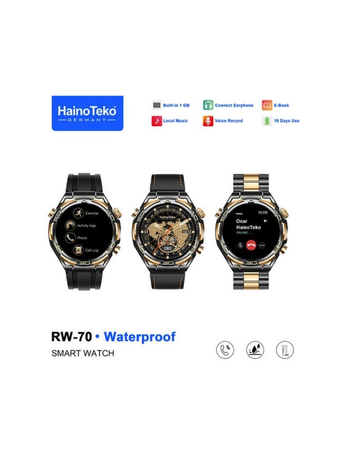 Haino Teko RW-70 AMOLED Waterproof Smart Watch with 1GB Built-in Storage 10-Day Battery and 3 Pair Straps Designed for Men-Black & Gold - Image 2