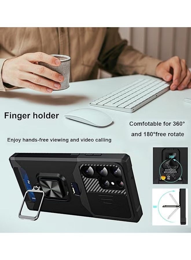 For Samsung Galaxy S24 Ultra Case with Card Holder, Galaxy S24 Ultra Case with Slide Camera Cover and 360° Rotate Ring Kickstand Magnetic car mount Phone Cover Case for Samsung Galaxy S24 Ultra（Black） - Image 3