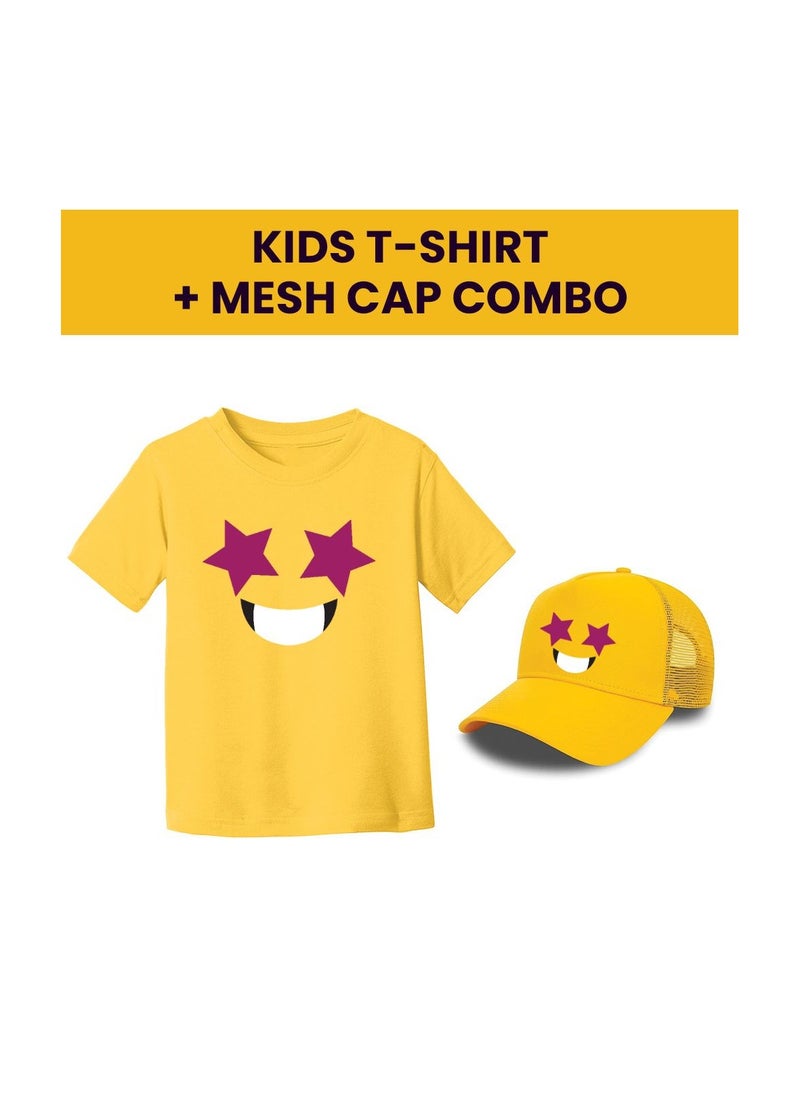 PRINTSHOP4ME - Kids Yellow Smiley Face Pack Of 2 T-Shirt And Cap Combo–Unisex Round Neck Short Sleeve Cotton T-Shirt - Image 1