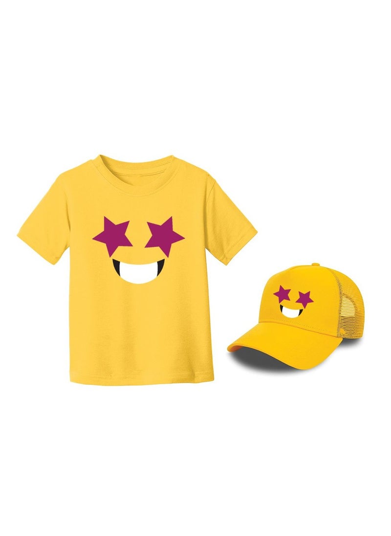 PRINTSHOP4ME - Kids Yellow Smiley Face Pack Of 2 T-Shirt And Cap Combo–Unisex Round Neck Short Sleeve Cotton T-Shirt - Image 1