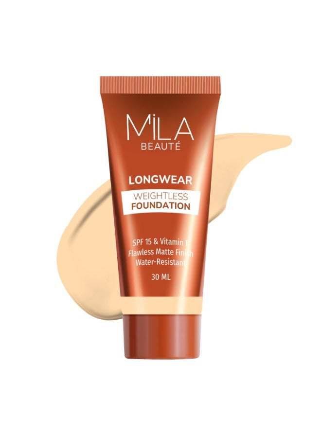 ميلا بيوتي كريم أساس Mila Beauté طويل الأمد وخفيف الوزن | لمسة نهائية مطفية (Matte) مع عامل حماية من الشمس (SPF 15) وفيتامين E | تركيبة فائقة الخفة ومقاومة للماء وقابلة للزيادة في التغطية | كريم أساس سائل | الدرجة - (201 Natural، 30 مل) - Image 1