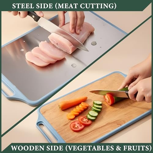 Parage 2-in-1 Reversible Chopping Board | Stainless Steel + Wooden Dual-Side Cutting Board | Hygienic, Anti-Slip, Heavy-Duty Board for Meat, Vegetables, Fruits & Kitchen Use | 37 x 23.5 cm - Image 2