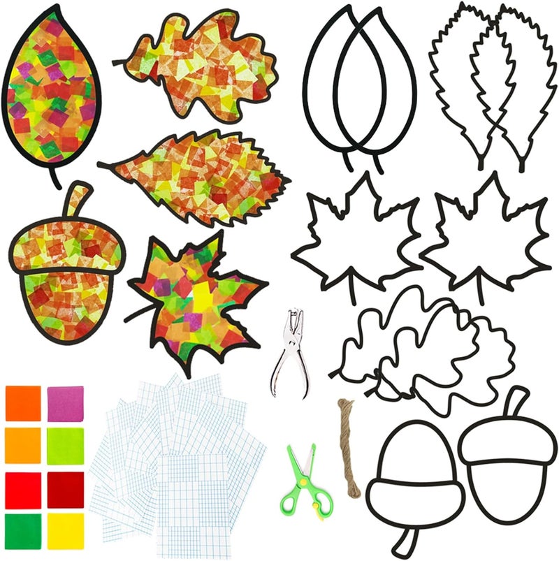 Exquiss EXQUISS 10 Pieces Fall Leaf Suncatcher Craft Tissue Paper Suncatchers Autumn Decorations DIY Window Art Autumn Sun Catchers for Kids Silhouette Window Decorations Classroom Activity Thanksgiving Art  - Image 1