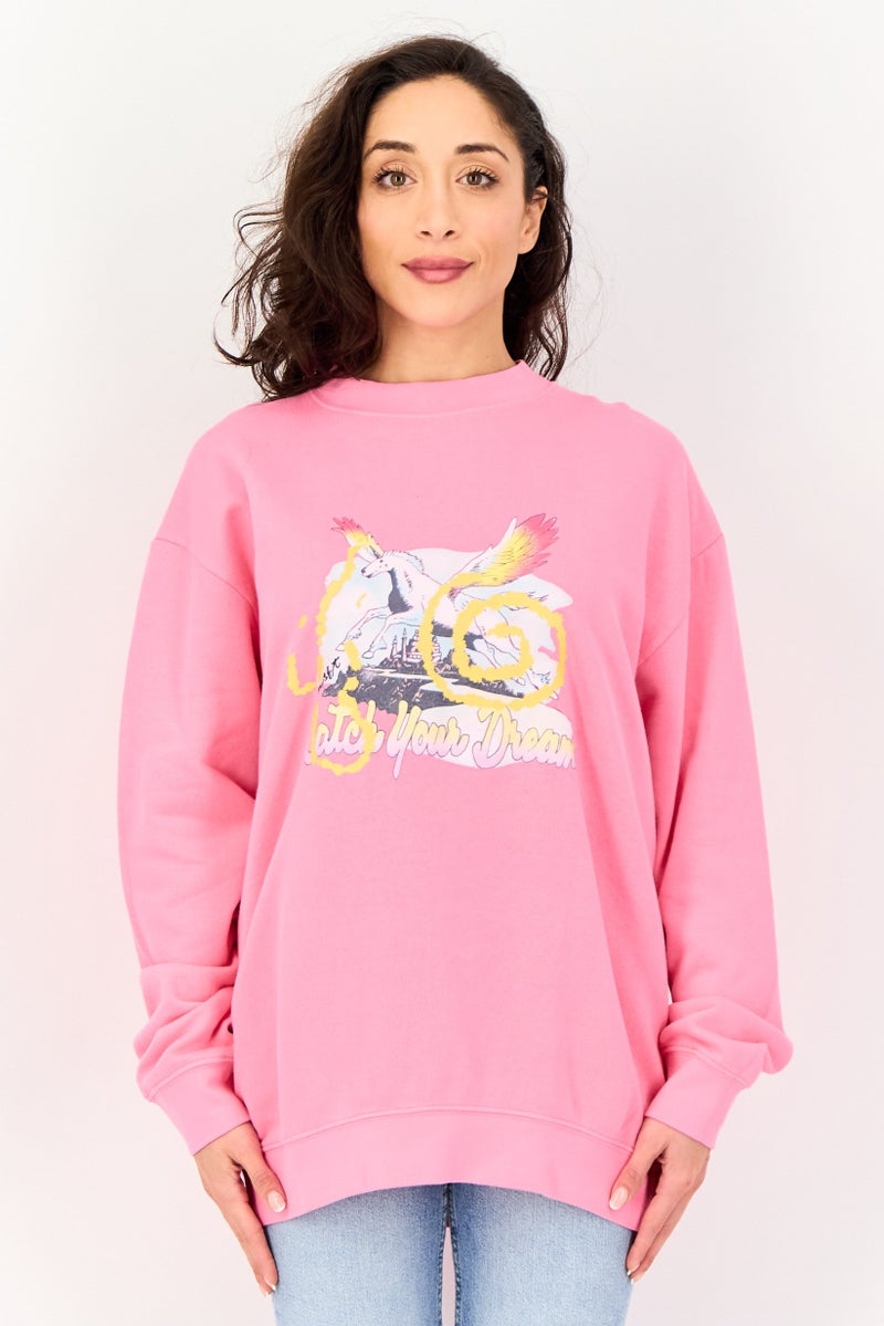 Misfit Women Crew Neck Graphic Print Long Sleeve Sweatshirt, Pink - Image 1