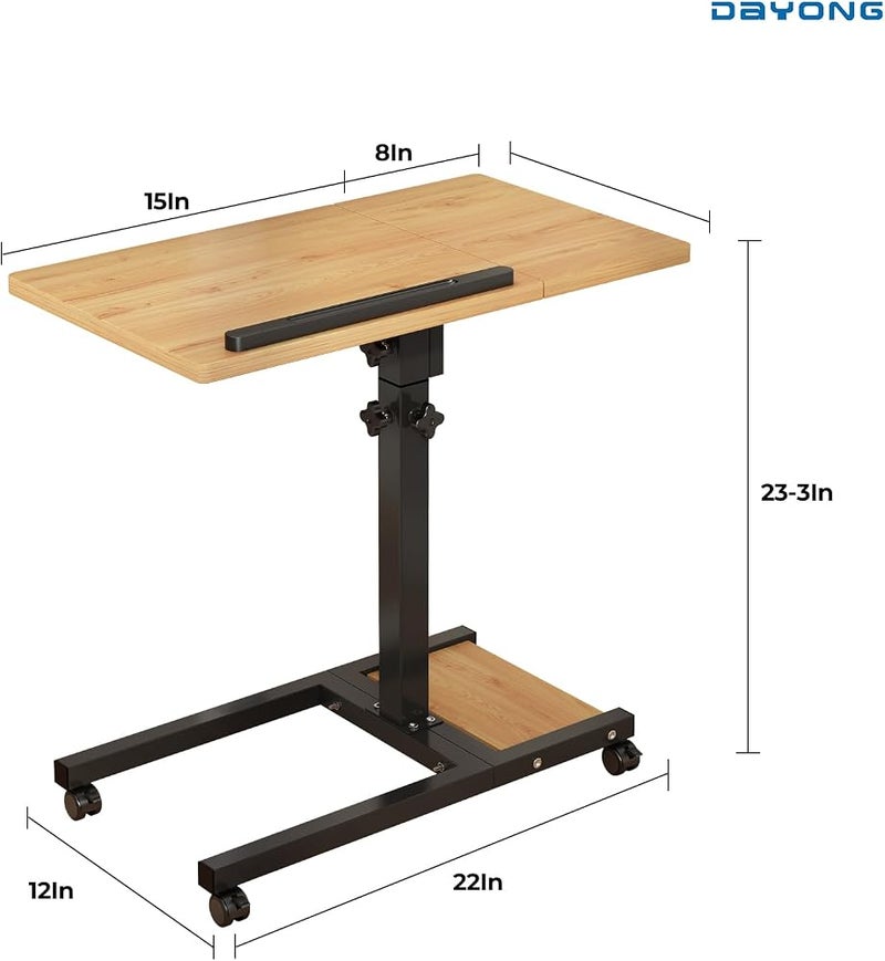 DAYONG Mobile Laptop Desk, Height Adjustable Standing Desk, Overbed Table with Tiltable Tabletop, Rolling Laptop Table with Storage Shelf, Computer Workstations for Home Office (Natural Wood) - Image 2
