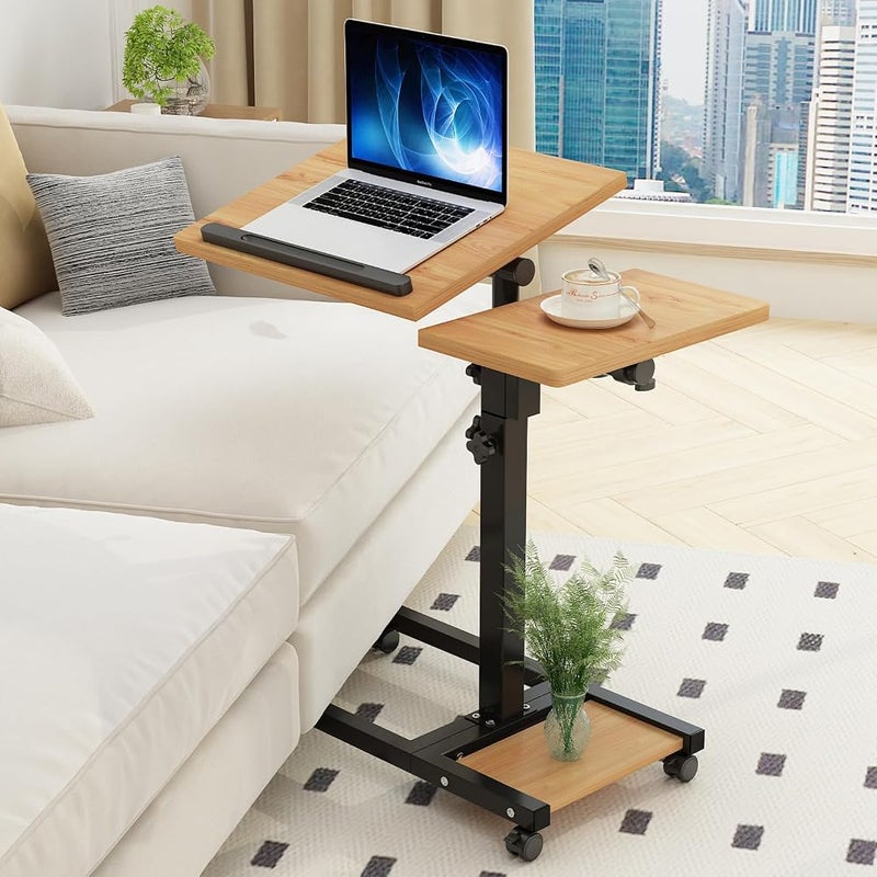 DAYONG Mobile Laptop Desk, Height Adjustable Standing Desk, Overbed Table with Tiltable Tabletop, Rolling Laptop Table with Storage Shelf, Computer Workstations for Home Office (Natural Wood) - Image 1