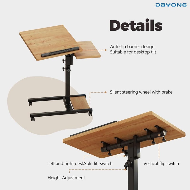 DAYONG Mobile Laptop Desk, Height Adjustable Standing Desk, Overbed Table with Tiltable Tabletop, Rolling Laptop Table with Storage Shelf, Computer Workstations for Home Office (Natural Wood) - Image 3