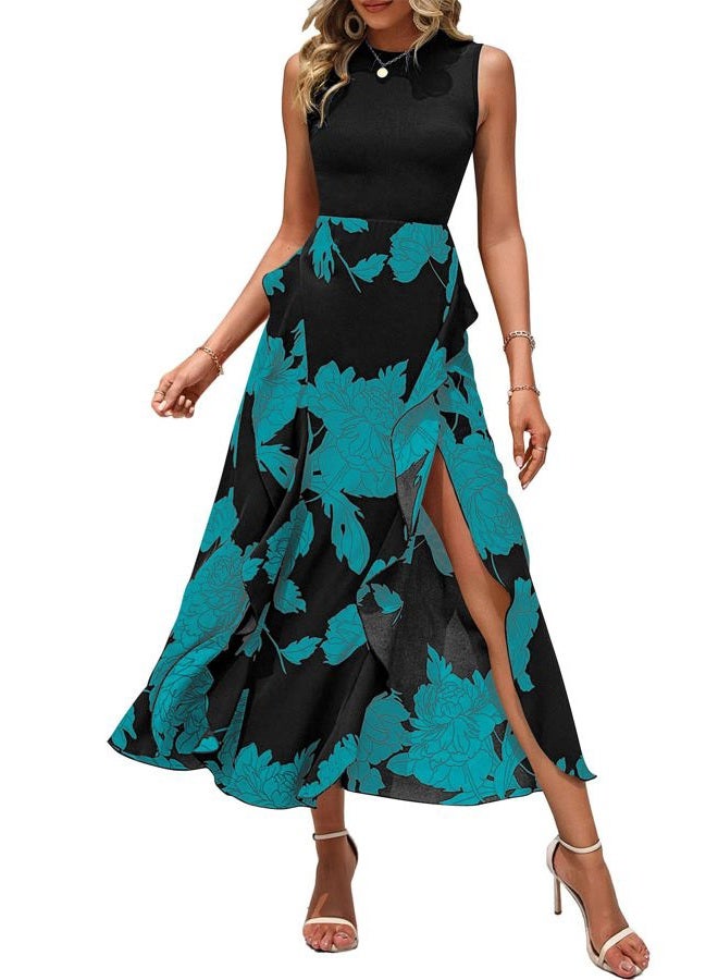 BTFBM Women Casual Sleeveless Summer Dresses 2025 Spring Crewneck Patchwork Boho Floral Ruffle Cocktail Party Midi Dress, Big Floral Lake Blue, M - Image 1