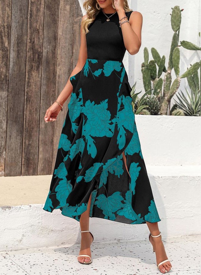 BTFBM Women Casual Sleeveless Summer Dresses 2025 Spring Crewneck Patchwork Boho Floral Ruffle Cocktail Party Midi Dress, Big Floral Lake Blue, M - Image 2