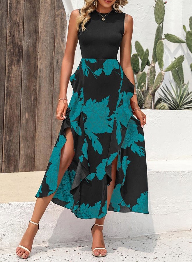 BTFBM Women Casual Sleeveless Summer Dresses 2025 Spring Crewneck Patchwork Boho Floral Ruffle Cocktail Party Midi Dress, Big Floral Lake Blue, M - Image 3