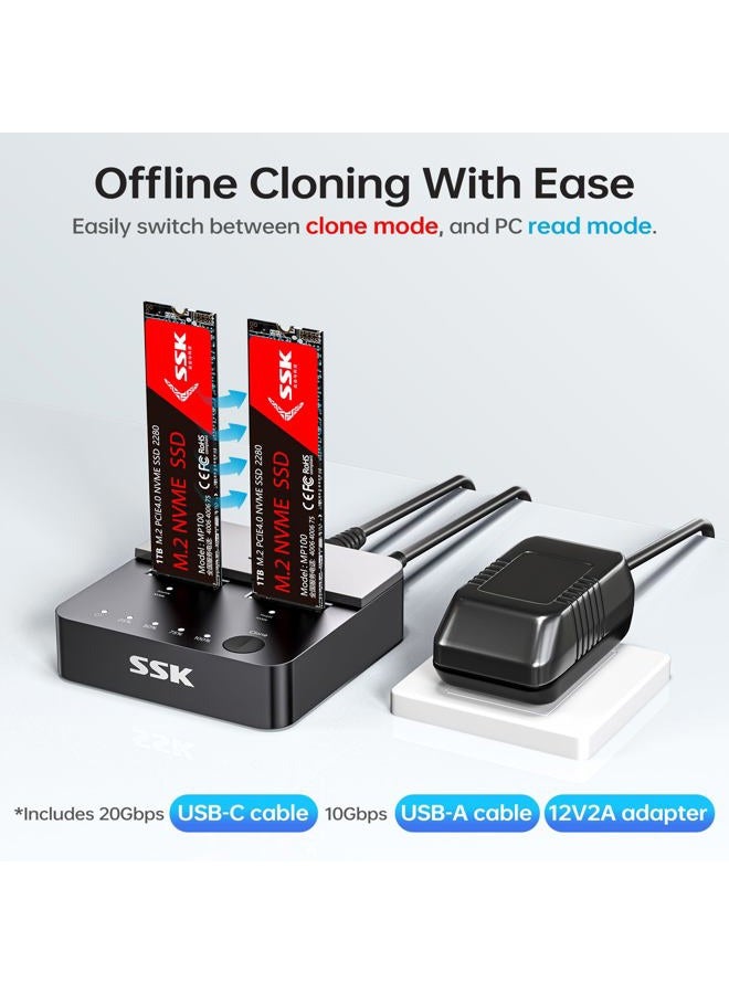 SSK NVMe SSD Cloner, M.2 Duplicator Dual Bay NVMe Enclosure, Toolless 20Gbps USB3.2 Gen 2X2 SSD to USB M.2 Adapter M Key PCIE NVMeSSD Reader Docking Station Supports Offline Clone - Image 3