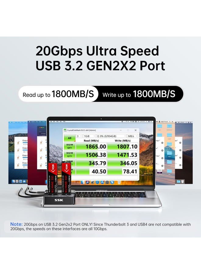 SSK NVMe SSD Cloner, M.2 Duplicator Dual Bay NVMe Enclosure, Toolless 20Gbps USB3.2 Gen 2X2 SSD to USB M.2 Adapter M Key PCIE NVMeSSD Reader Docking Station Supports Offline Clone - Image 2