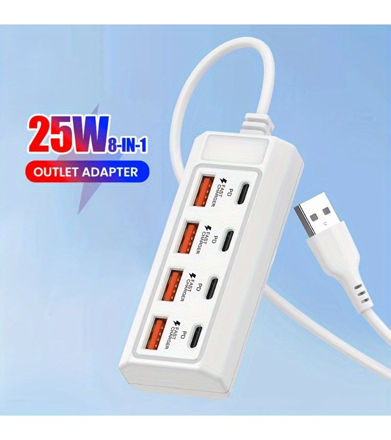2 in 1 White USB Hub 8 Ports 4 USB and 4 PD 25W Fast Charging for Laptop - Image 1