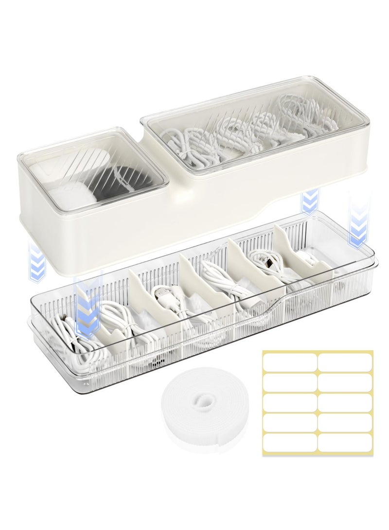 Excefore Cable Organizer Box, Double Layer Charger Organizer Box with Lid, Desktop Cord Organizer for Office and Home, Power Cord Organizer for Desk Accessories Storage, Stationery Supplies, White - Image 1