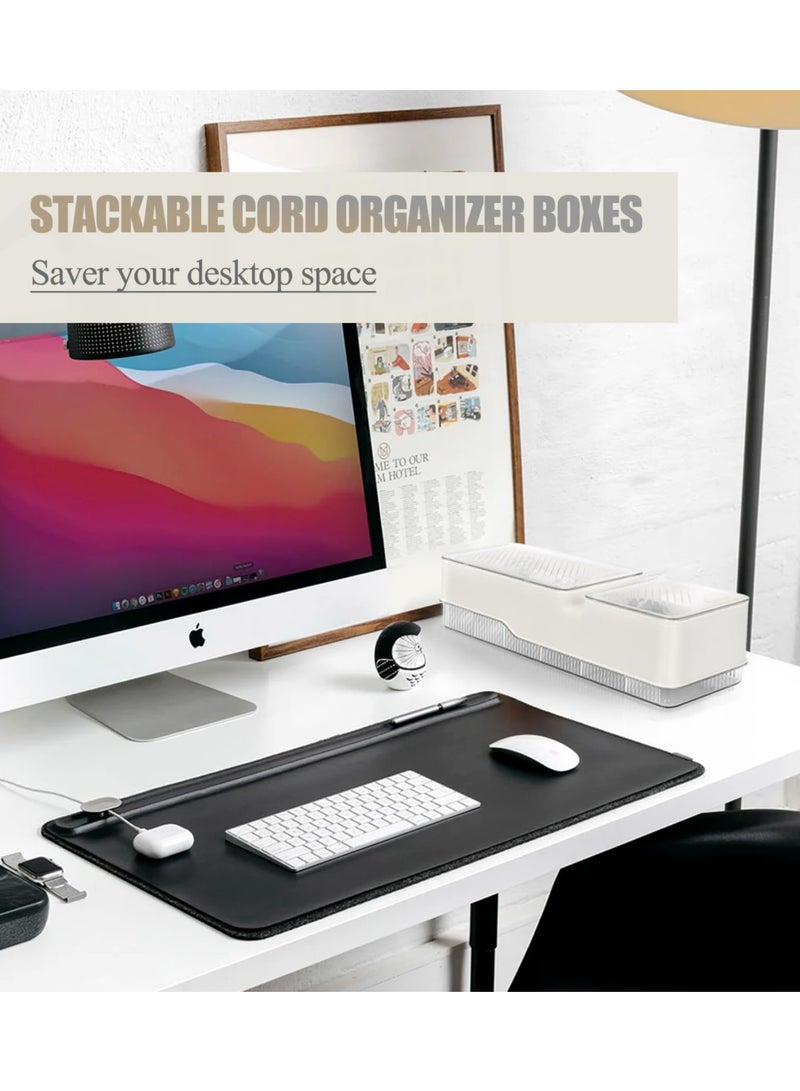 Excefore Cable Organizer Box, Double Layer Charger Organizer Box with Lid, Desktop Cord Organizer for Office and Home, Power Cord Organizer for Desk Accessories Storage, Stationery Supplies, White - Image 3