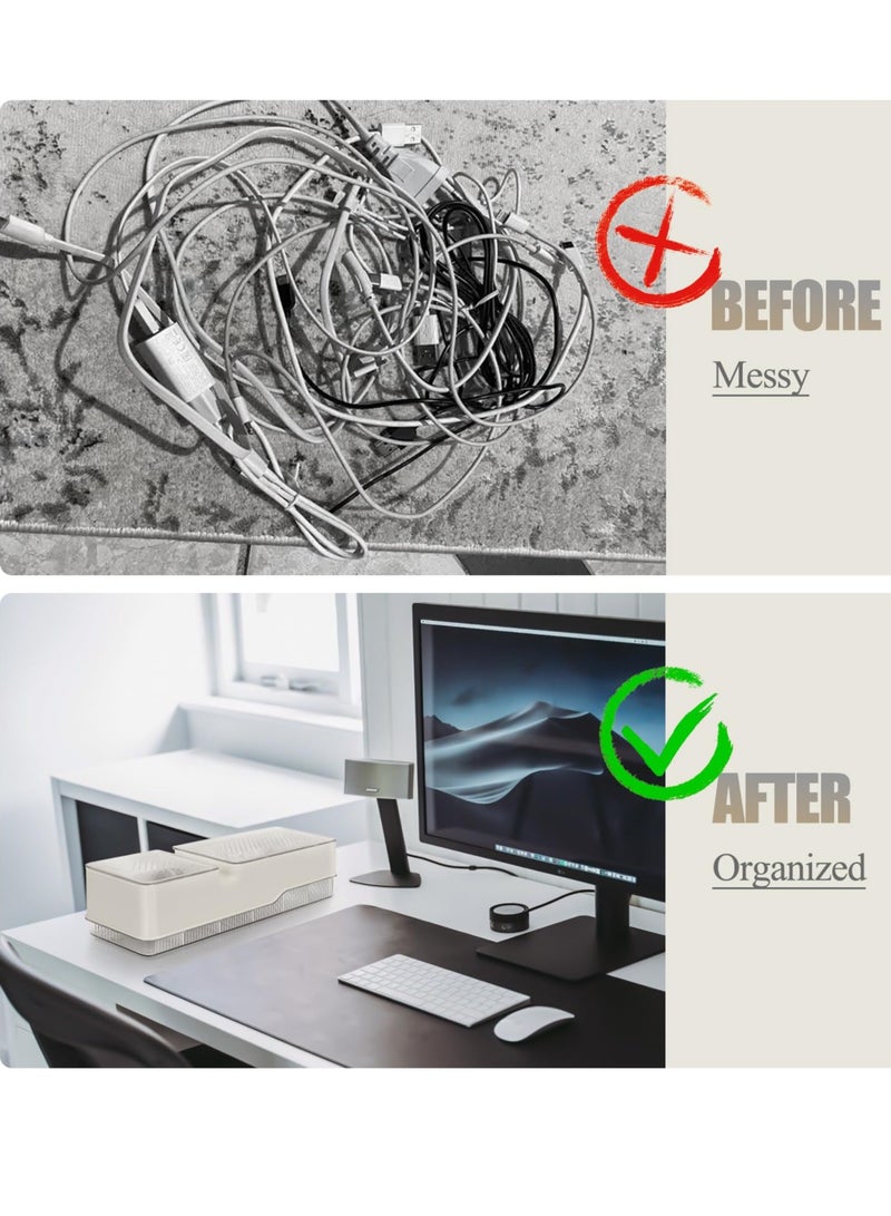 Excefore Cable Organizer Box, Double Layer Charger Organizer Box with Lid, Desktop Cord Organizer for Office and Home, Power Cord Organizer for Desk Accessories Storage, Stationery Supplies, White - Image 2