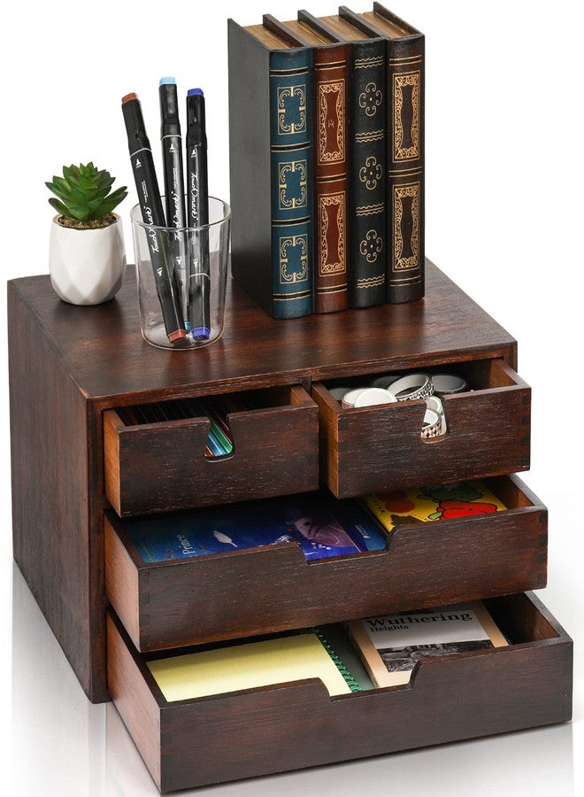 DEAYOU Bamboo Desk Organizer, 100% Natural Bamboo Desktop Drawer Organizer, Dark Brown Tabletop Storage Cabinet Organization Box with 4 Drawer for Makeup, Letter, Home, 3 Layer, Fully Assemble - Image 1
