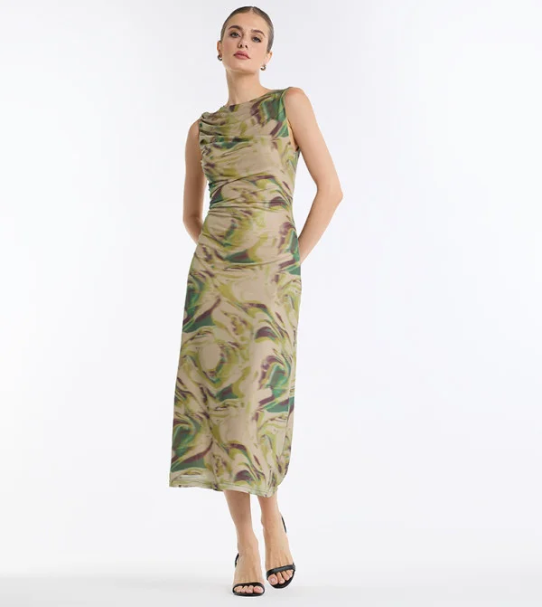 بي سي بي جي BCBG Gen Sleveless Ruched Printed Mesh Dress