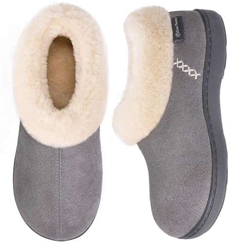EverFoams Women's Microsuede Cozy Memory Foam Winter Slippers with Fuzzy Faux Fur Collar and Indoor Outdoor Rubber Sole (Gray, Size 5-6 M US) - Image 1