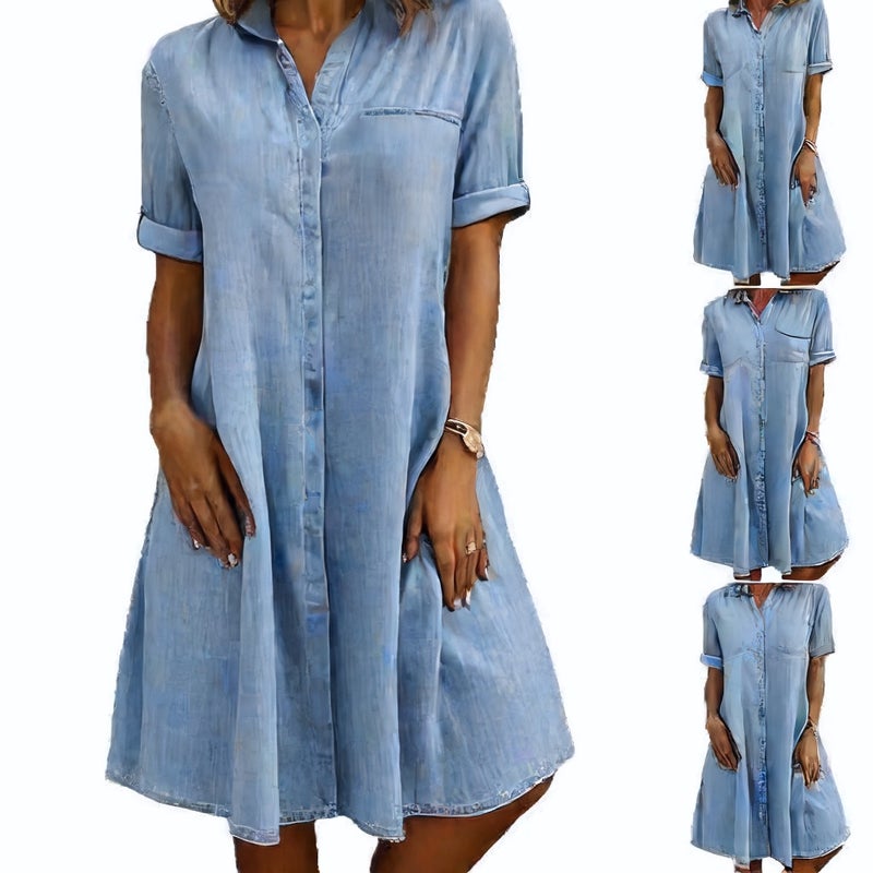 Women's Denim Midi Dress with Five-Quarter Sleeves Loose Fit Plus Size - Image 3