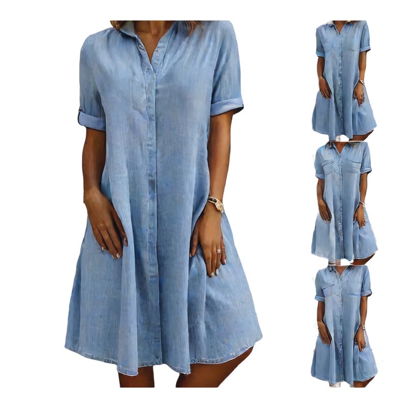 Women's Denim Midi Dress with Five-Quarter Sleeves Loose Fit Plus Size - Image 1