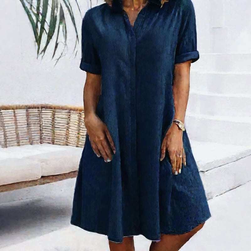 Women's Denim Midi Dress with Five-Quarter Sleeves Loose Fit Plus Size - Image 2