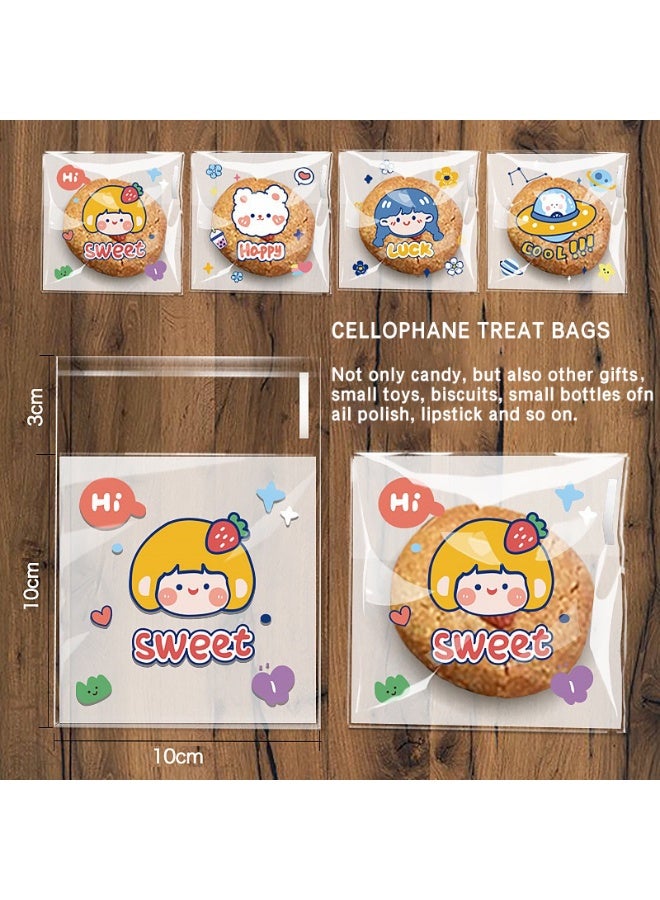 صن سباير 100 قطعة من أكياس البسكويت اللطيفة القابلة لإعادة الإغلاق، 10 × 10 سم (4 × 4 بوصات) أكياس الوجبات الخفيفة ذاتية اللصق، أكياس الحلوى المسطحة المصنوعة من السيلوفان لحفلات الأطفال، حلوى الهدايا والحلويات (متعددة الألوان) - Image 3