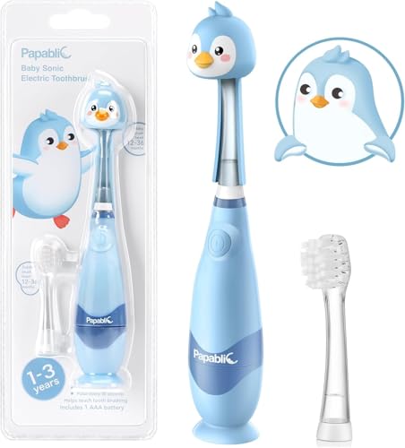 Papablic Toddler Sonic Electric Kids Toothbrush for Ages 1-3 Years, Baby Electric Toothbrush with Cute Penguin Cover and Smart LED Timer, 2 Brush Heads (Pippin) - Image 1