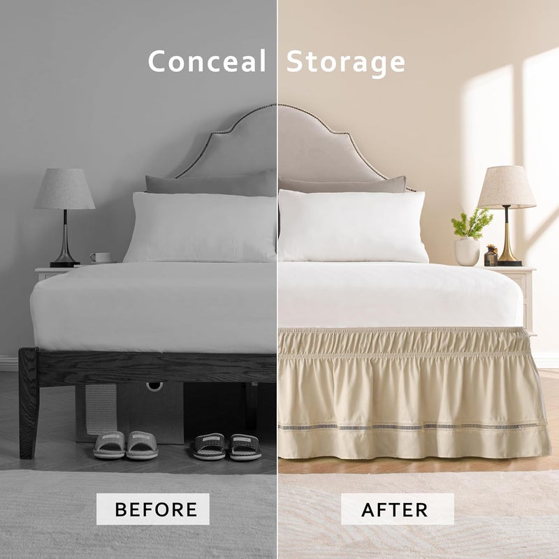 MIYE Various size alternatives Wrap Around Ruffled Lace Bed Skirt, Elastic Dust Ruffle with Adjustable Belts, Easy to Put On, Bed Frame Cover, Machine Washable (Ruffled Lace/Beige, Full/Twin-18 Drop) Salt mist resistant - Image 3