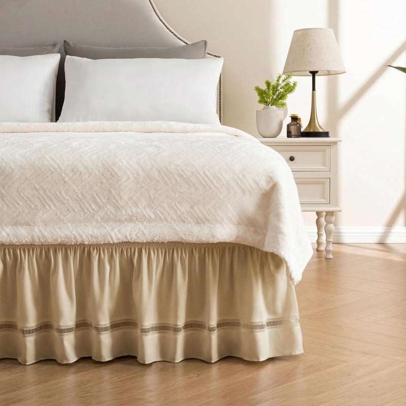 MIYE Various size alternatives Wrap Around Ruffled Lace Bed Skirt, Elastic Dust Ruffle with Adjustable Belts, Easy to Put On, Bed Frame Cover, Machine Washable (Ruffled Lace/Beige, Full/Twin-18 Drop) Salt mist resistant - Image 1