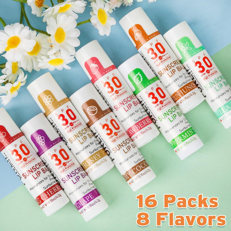 VISRIE SPF 30 Lip Sunscreen, SPF Lip Balm Travel Size 16 Pack, Hydrating Lip Balm Bulk with Vitamin E and Coconut Oil- 8 Flavors - Image 5