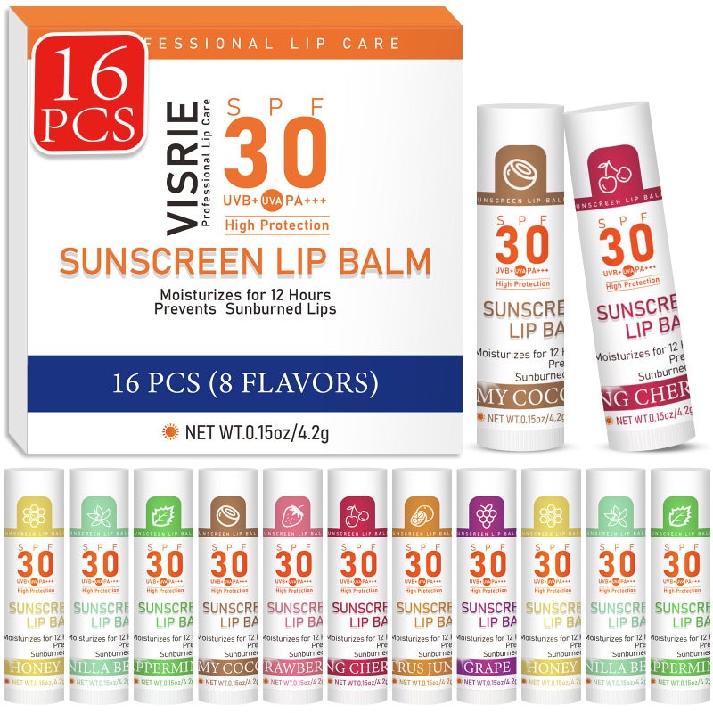 VISRIE SPF 30 Lip Sunscreen, SPF Lip Balm Travel Size 16 Pack, Hydrating Lip Balm Bulk with Vitamin E and Coconut Oil- 8 Flavors - Image 1