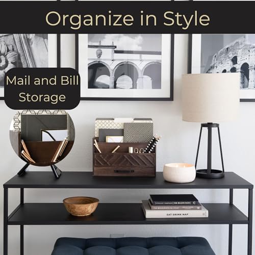 BLU MONACO Mail Organizer for Desk – Brown Wooden Mail Sorter with Drawer and 6 Compartments – Rustic Letter Organizer with Black Handle – Desktop File Holder for Home Office, Entryway, or Kitchen - Image 2