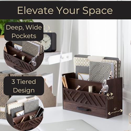 BLU MONACO Mail Organizer for Desk – Brown Wooden Mail Sorter with Drawer and 6 Compartments – Rustic Letter Organizer with Black Handle – Desktop File Holder for Home Office, Entryway, or Kitchen - Image 3